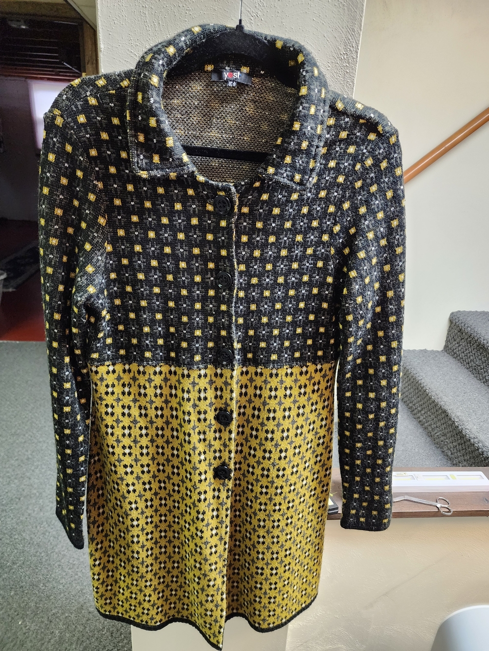 Yest Women's Sz L Yellow & Black Patterned Long Cardigan/jacket